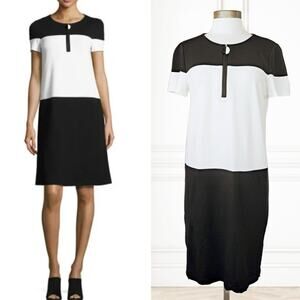 LAFAYETTE 148 Black White Colorblock Jersey Short Sleeve Shift Dress Size Medium